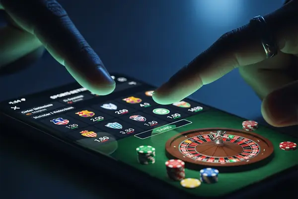 Phone showing sports betting odds with match on TV in background — sports betting addiction