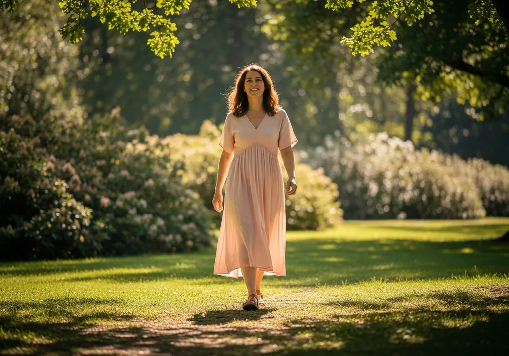 Woman walking outdoors in sunlight, relaxed — staying gamble-free hypnotherapy