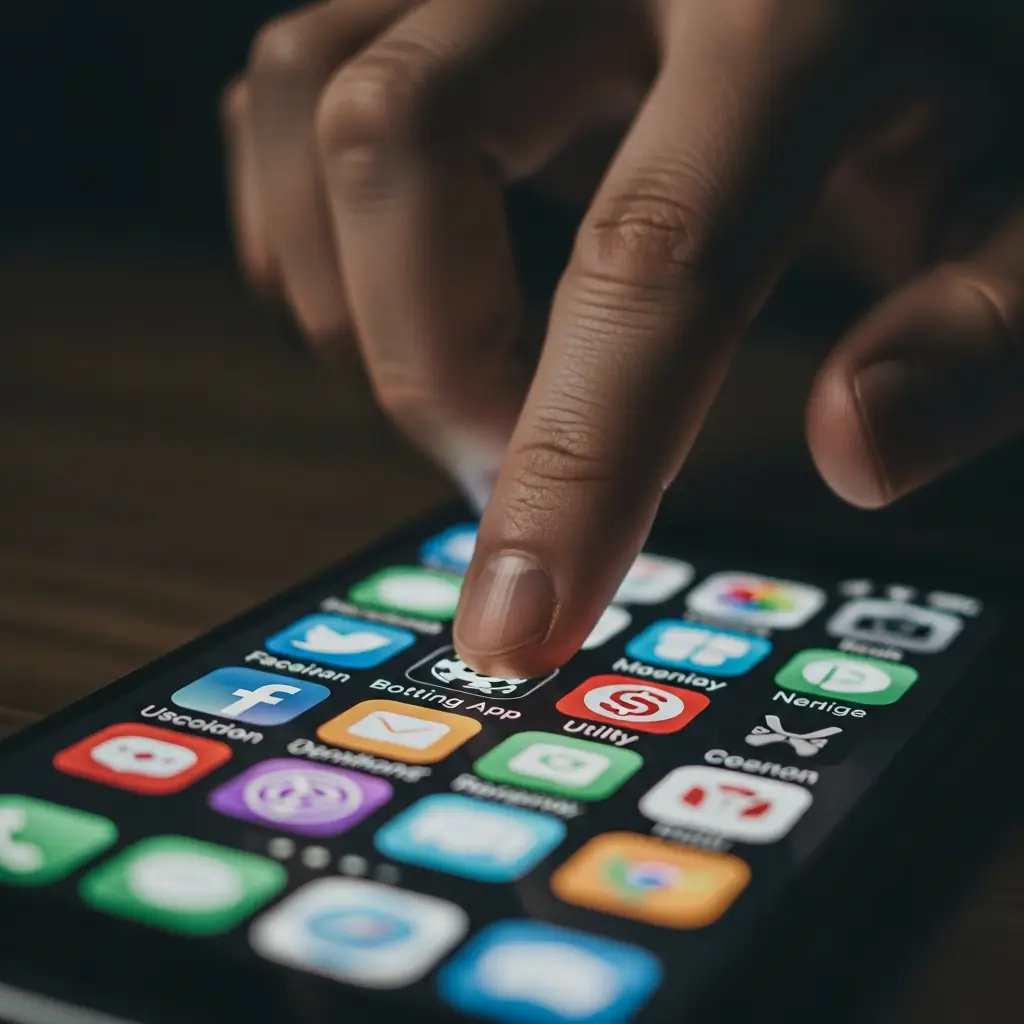 Man looking at phone with expression of conflict — online gambling familiar pattern