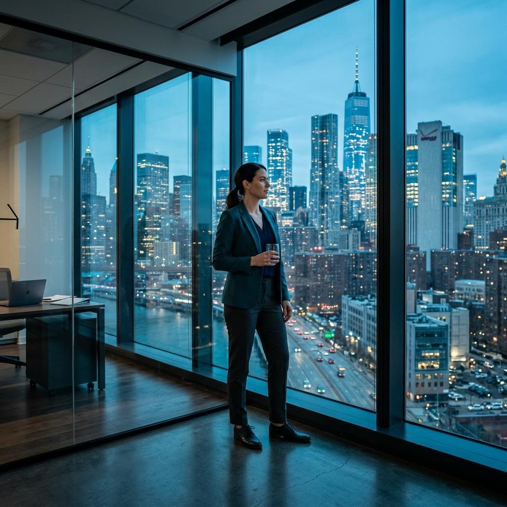Person standing confidently at office window — confidence and performance hypnotherapy