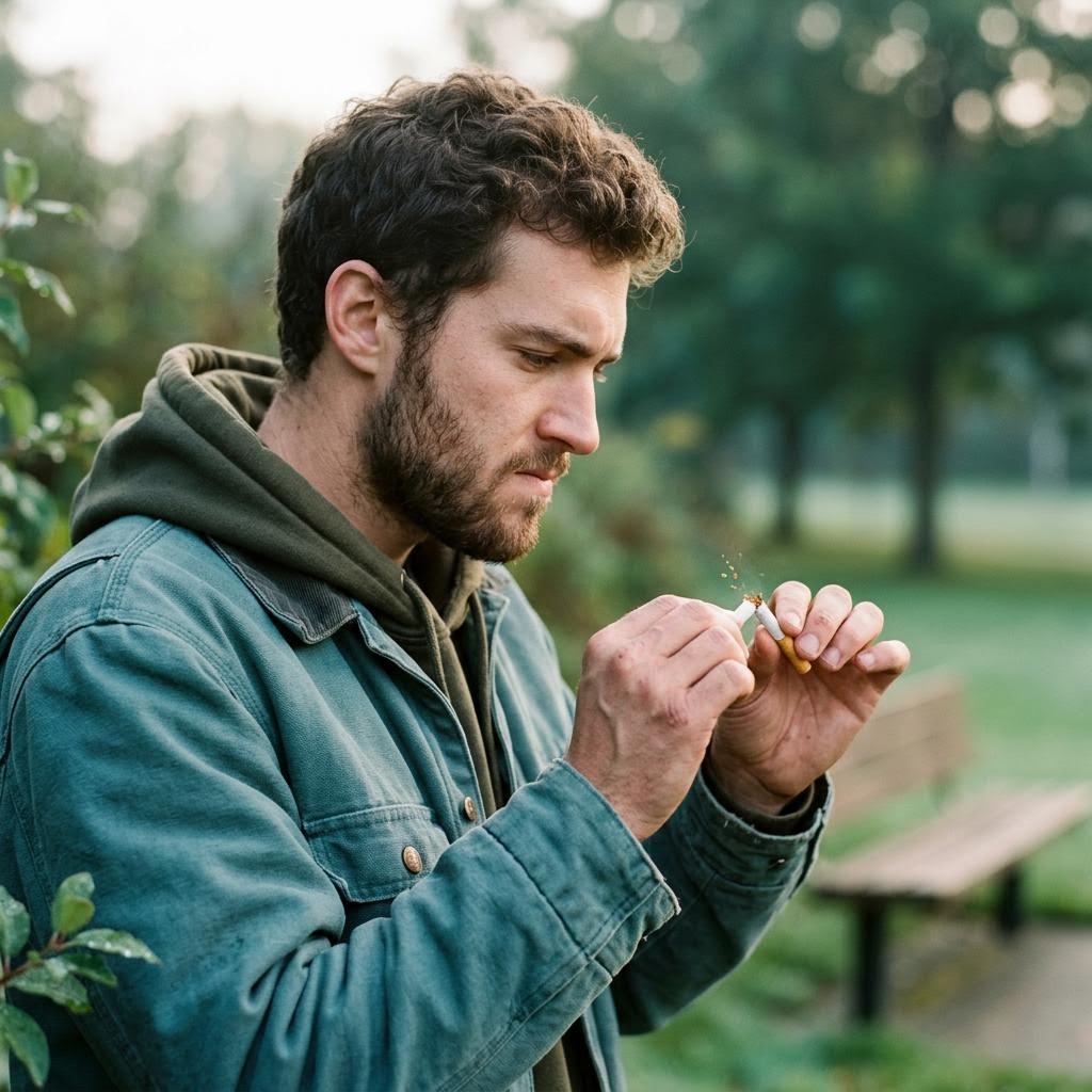 Person breaking a cigarette outdoors — quit smoking and vaping hypnotherapy