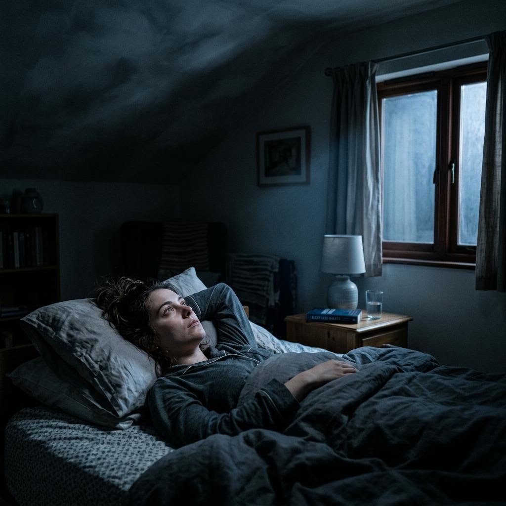 Person lying awake in the dark — sleep and insomnia hypnotherapy