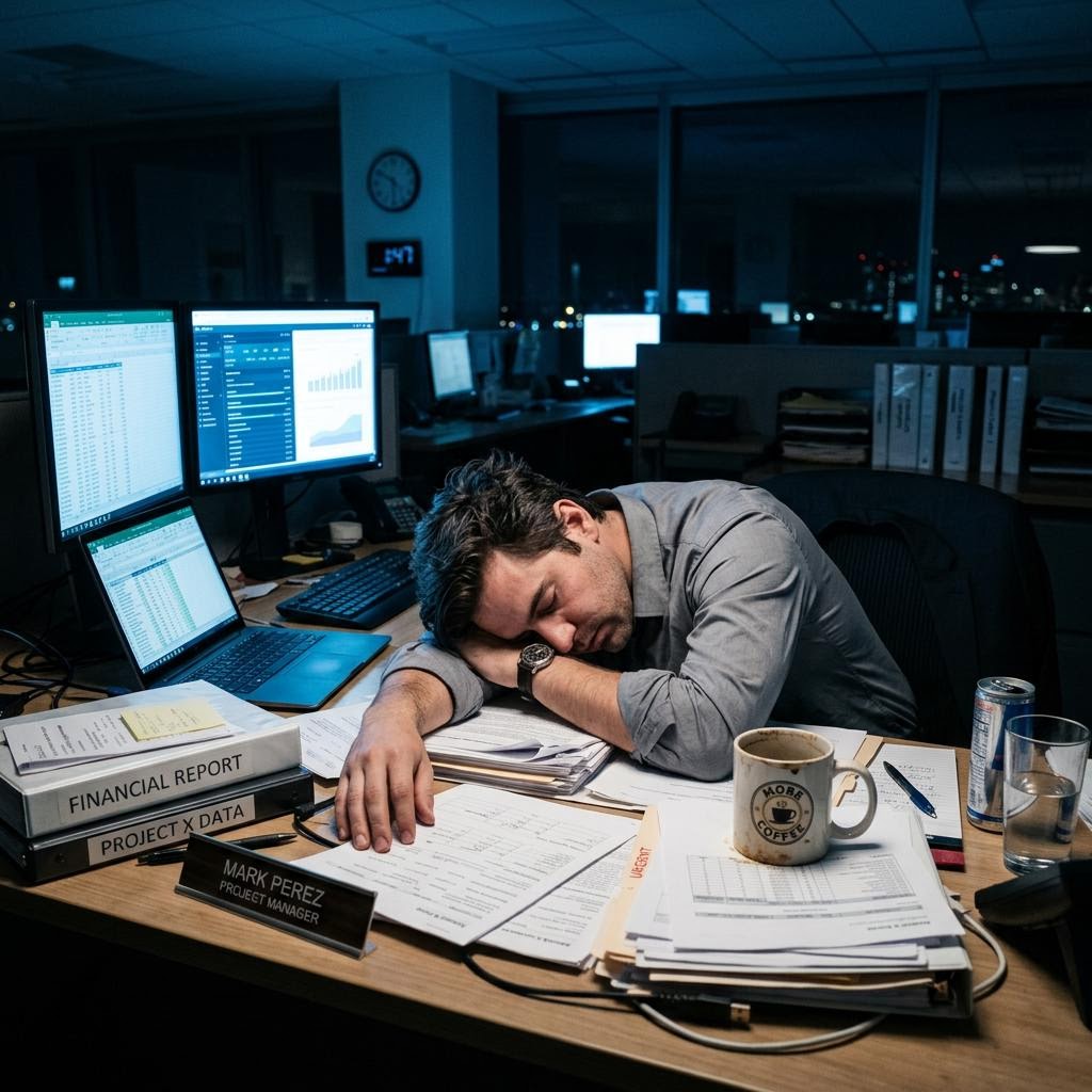 Exhausted person at a desk — stress and burnout hypnotherapy