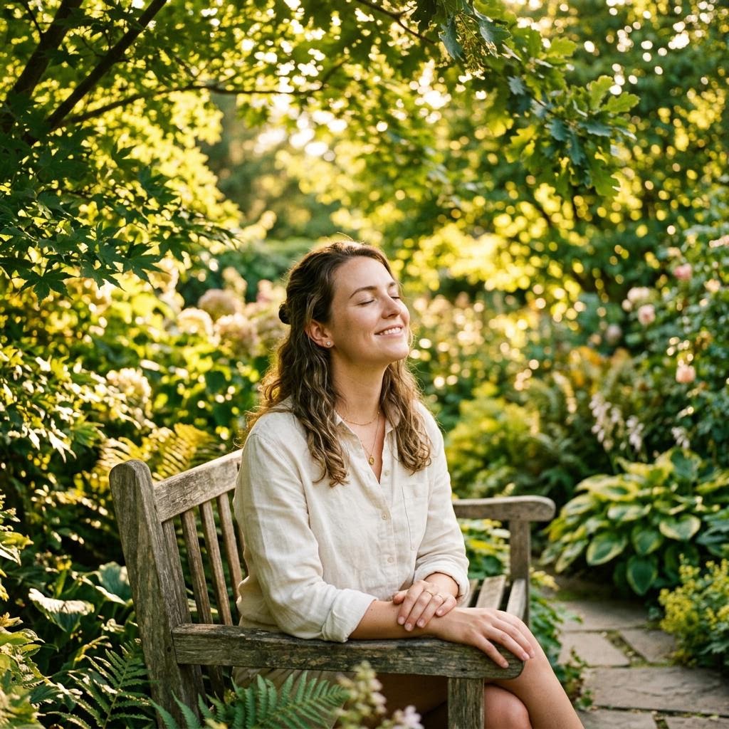 Person sitting peacefully in a sunlit garden — wellbeing hypnotherapy