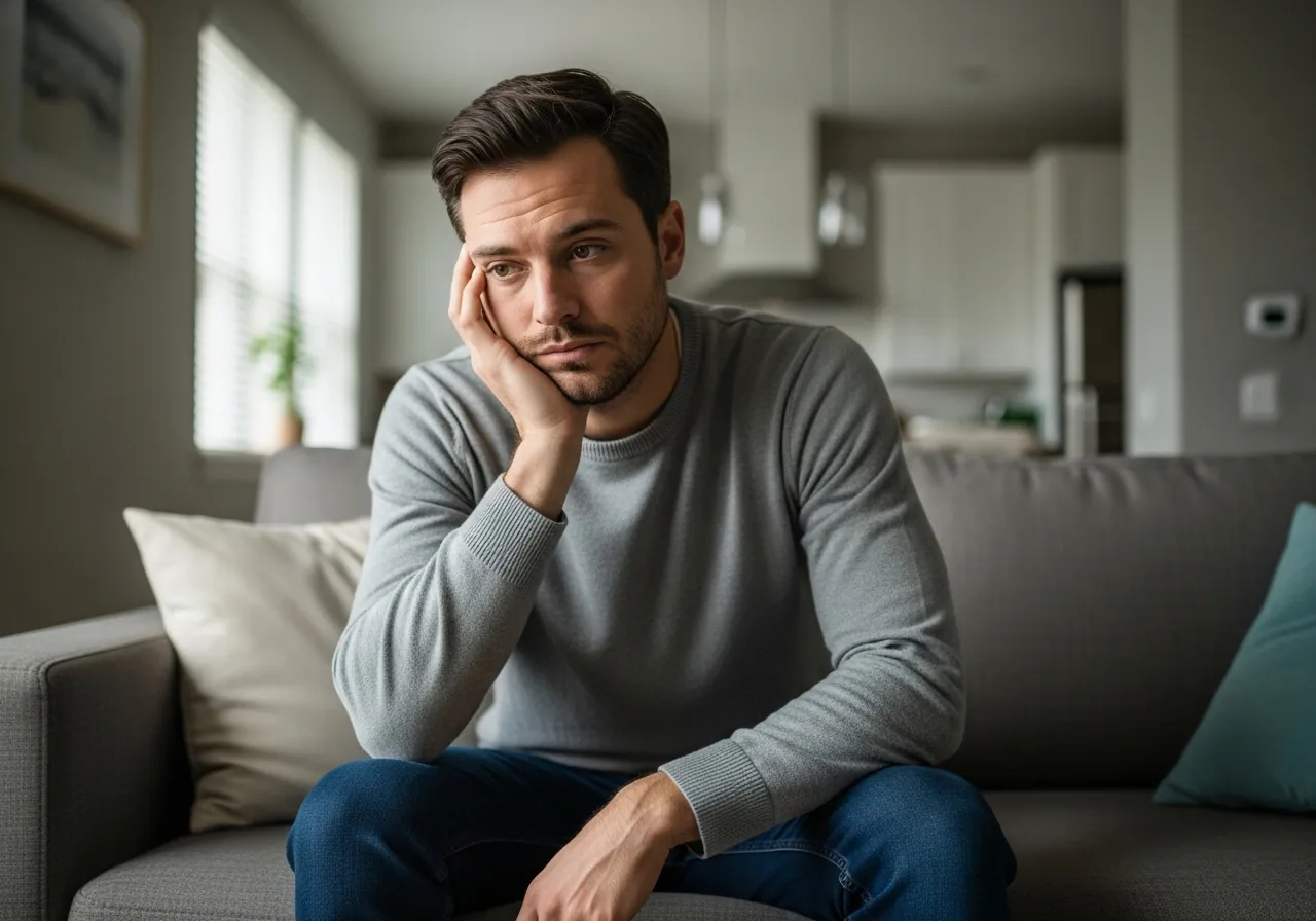 A man in his thirties sitting at home looking weary and reflective in soft daylight