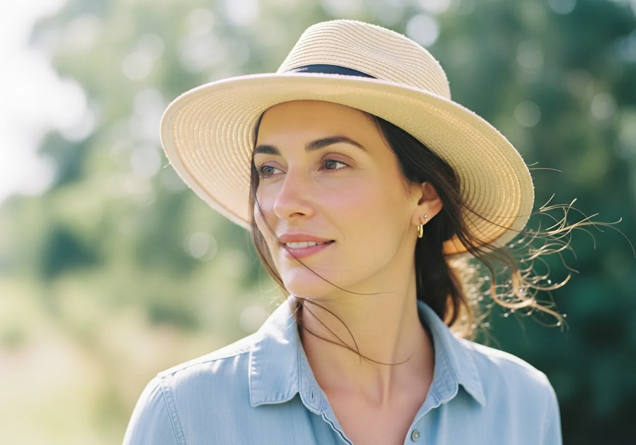 A woman in her thirties outdoors in bright morning light, looking healthy, calm and engaged with life