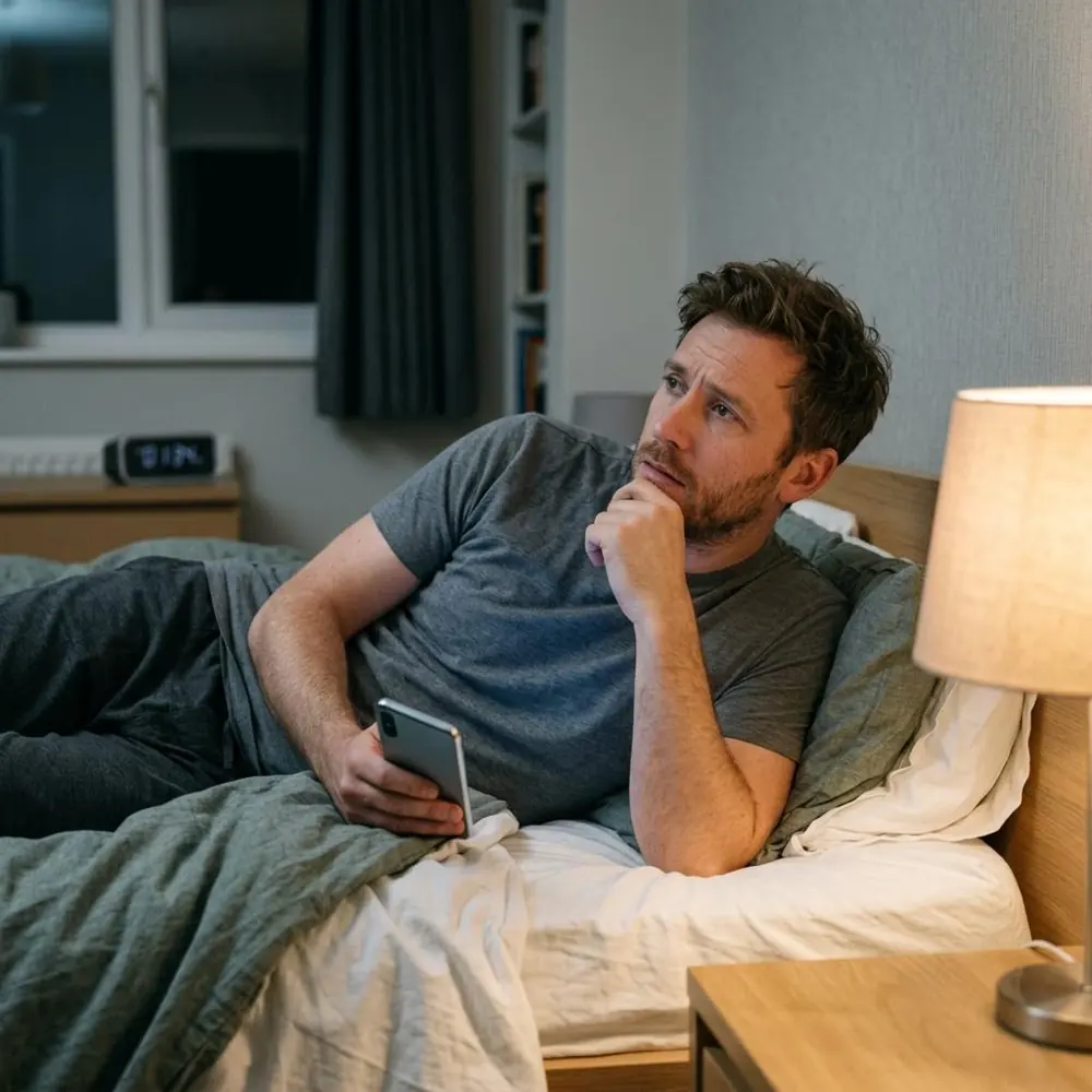 A man lying awake at night with his phone