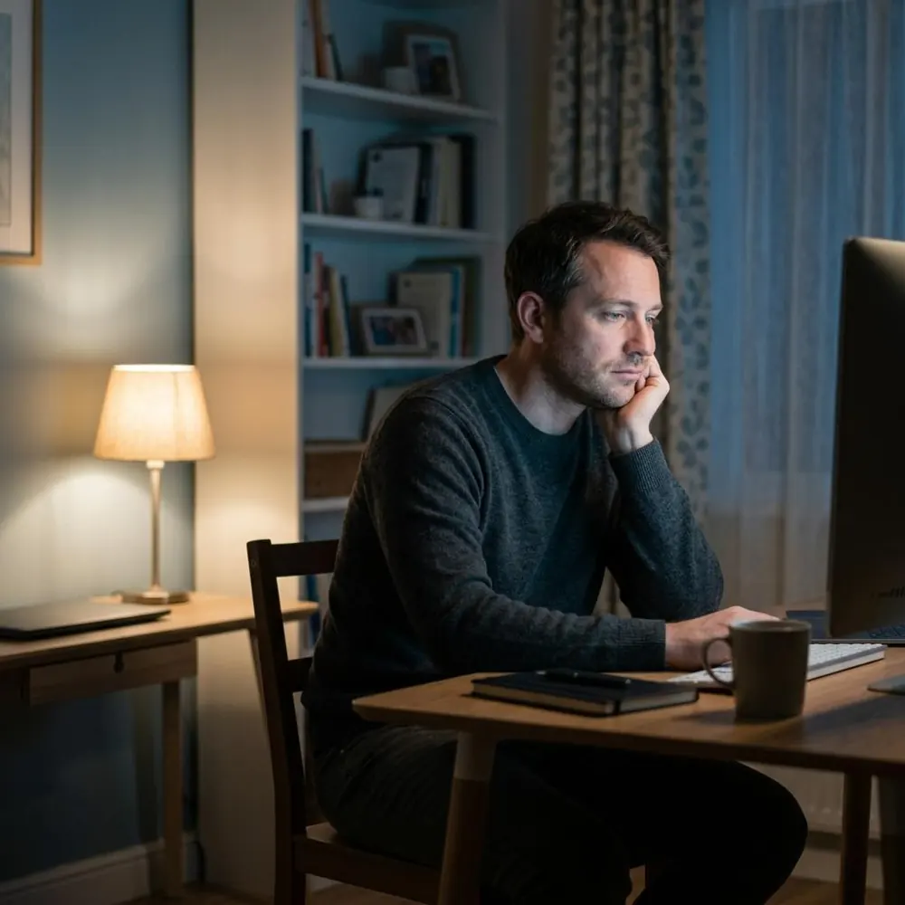 A man sitting alone at a desk late at night, lit by a screen