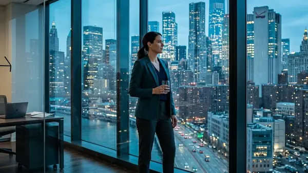 Woman standing confidently beside an office window