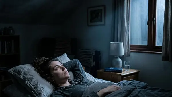 Man lying awake in bed at night